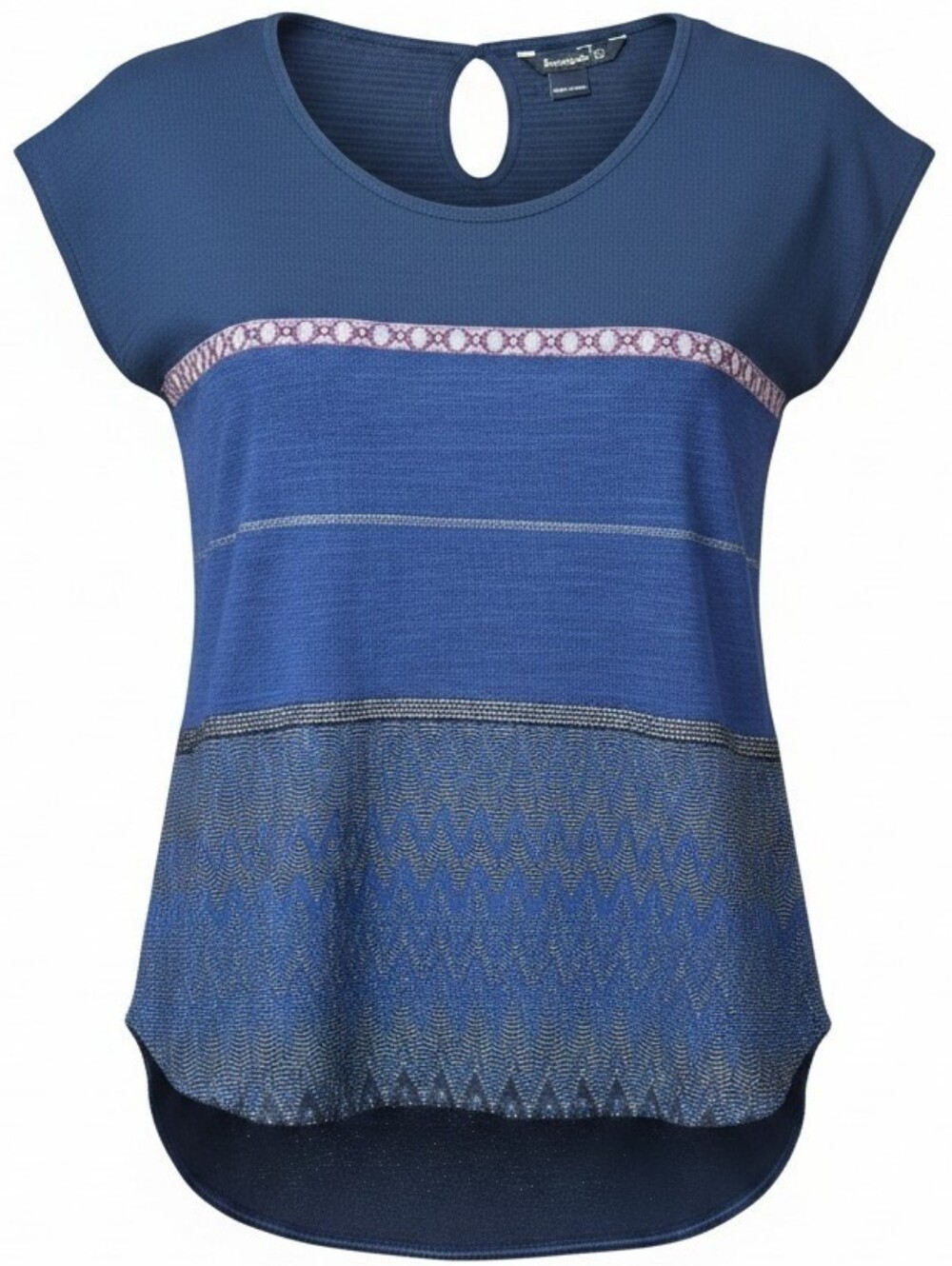 DESIGUAL | Metallic Blue‎ Mixed Media Cap Sleeve Artsy Knit Top Keyhole | XXL